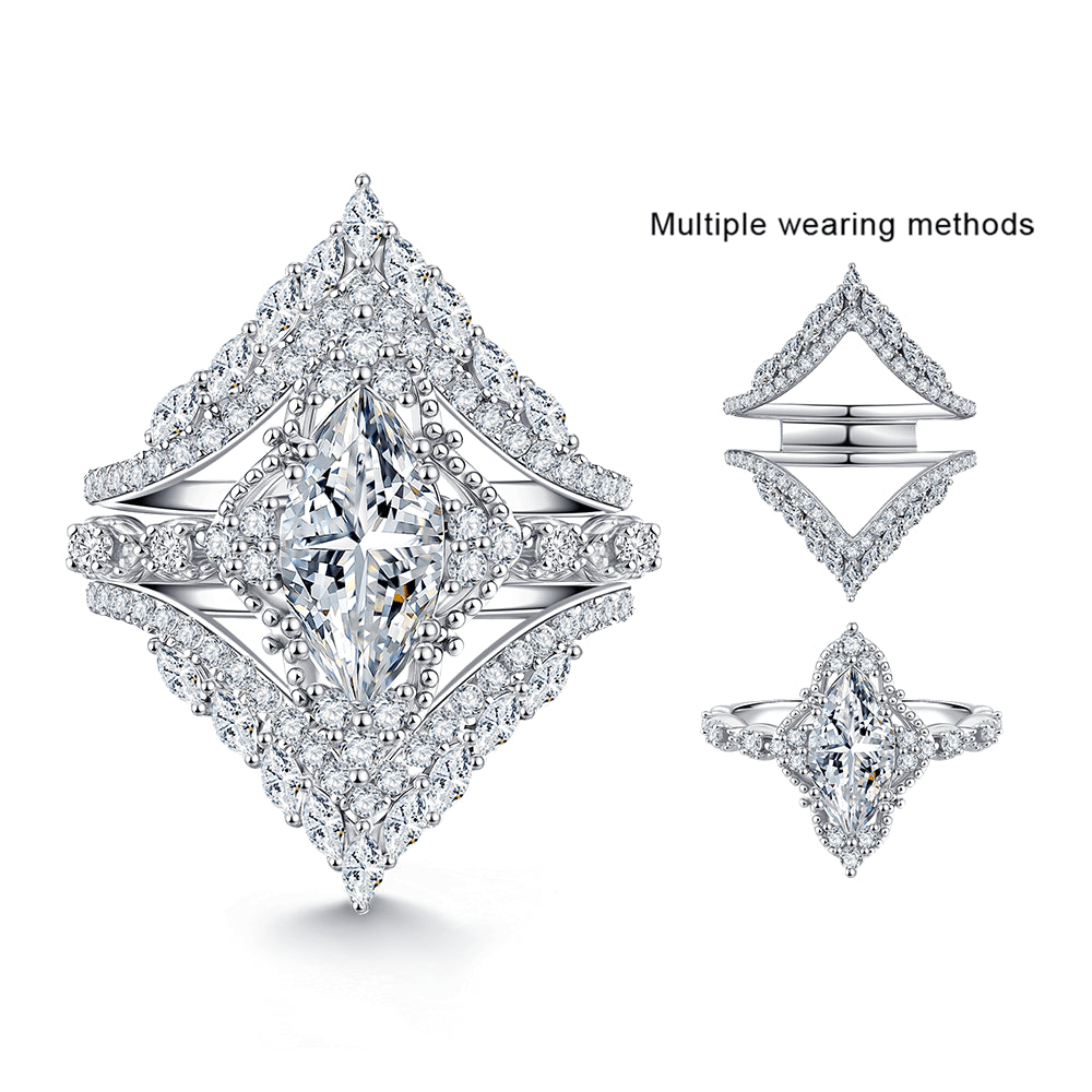 Diamond ring with multiple prong settings on a white background