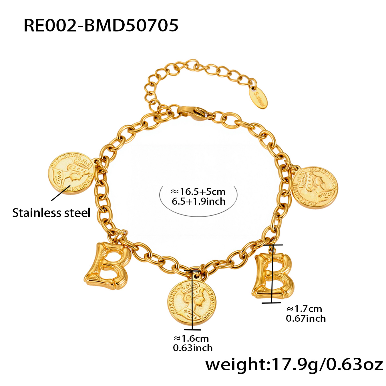 18K Gold Plated Initial & Coin Charm Bracelet | Waterproof Stainless Steel |Double-Letter Jewelry | 6.5"+1" (16.5+2.5cm)