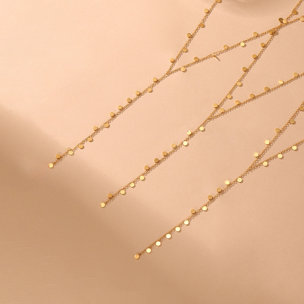 Delicate 18K Gold Plated Stainless Steel Layered Y-Lariat Necklace | Disc Tassel charms
