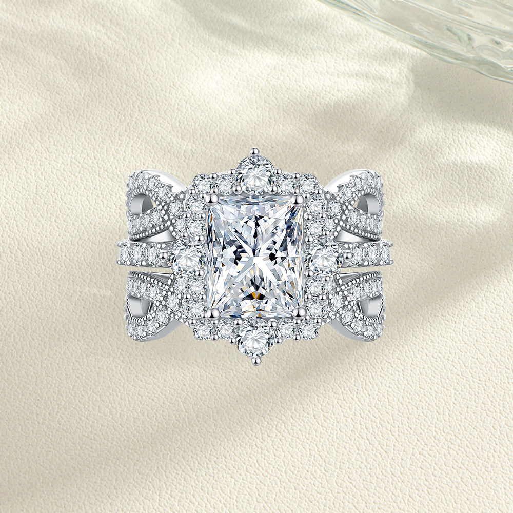 4CT Radiant Cut Moissanite Engagement Ring Set | S925 Sterling Silver 18K White Gold Plated | VVS1 D-Color Large Lab Diamond Bridal Set | Fuse Jewelry