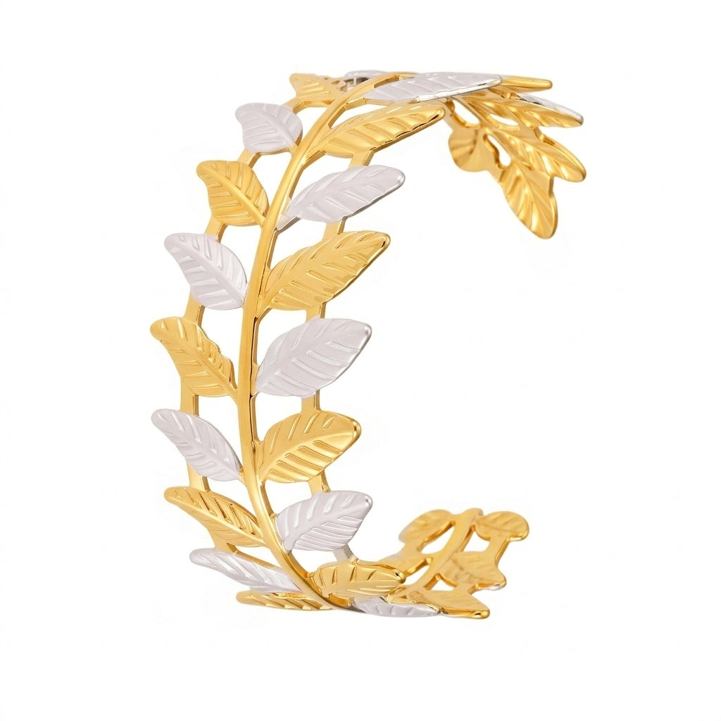 Two-Tone Olive Leaf Cuff Bracelet | Bohemian 18K Gold Plated Stainless Steel Bangle