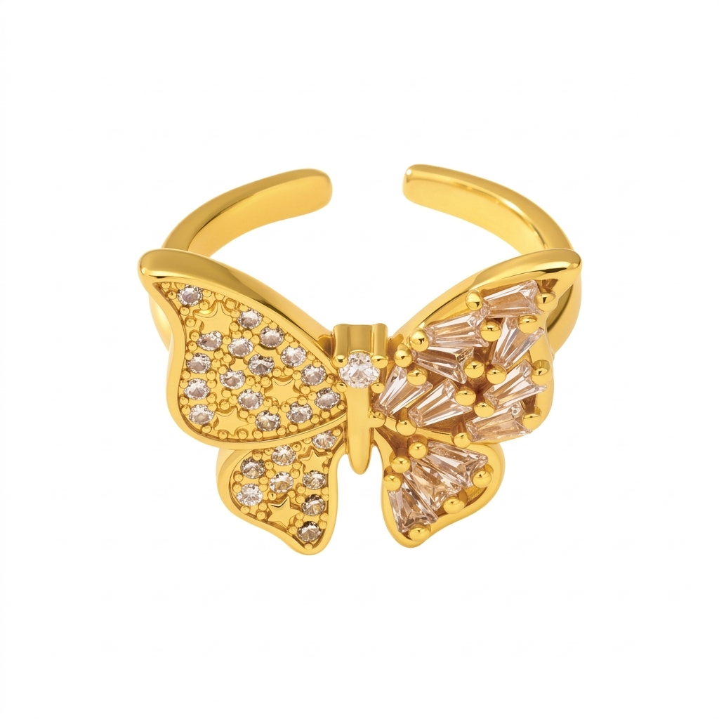 Radiant Butterfly Zircon Statement Ring - 18K Gold Plated Adjustable Band