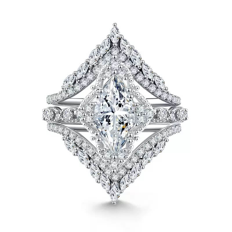 Diamond ring with a central pear-shaped diamond and smaller diamonds on a white background