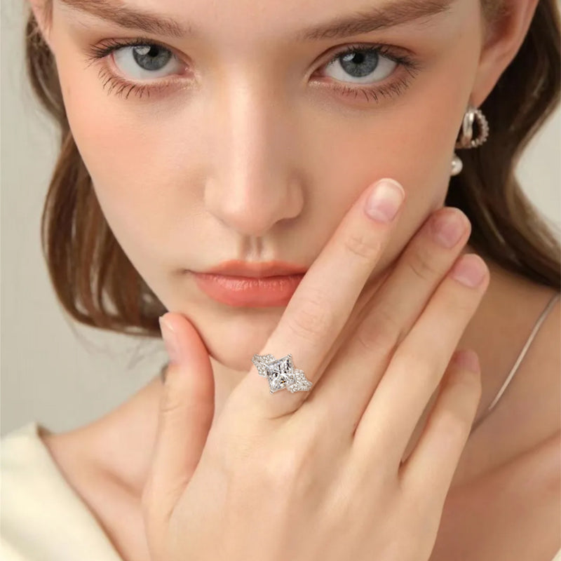 Wholesale 3CT Princess Cut Moissanite Ring | S925 Sterling Silver 18K White Gold Plated | D-Color VVS1 Square Halo Wedding Band for Women | Fuse Jewelry