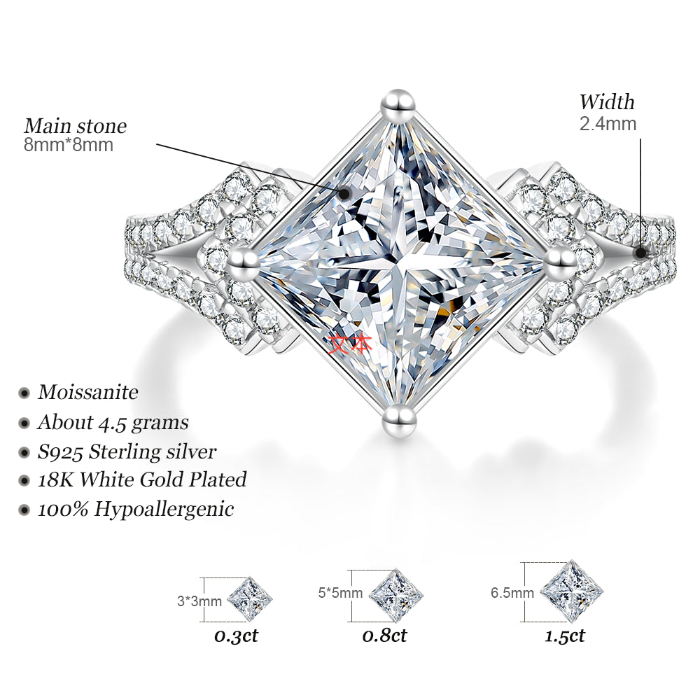 Wholesale 3CT Princess Cut Moissanite Ring | S925 Sterling Silver 18K White Gold Plated | D-Color VVS1 Square Halo Wedding Band for Women | Fuse Jewelry