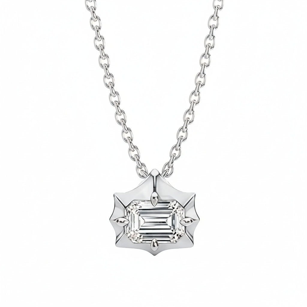 1 Carat Emerald Cut Moissanite Starline Pendant Necklace | S925 Sterling Silver | 16"+2" (40+5cm)