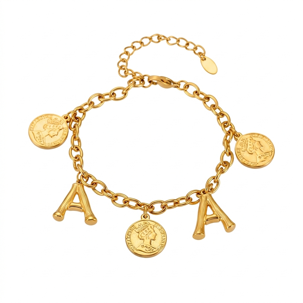 18K Gold Plated Initial & Coin Charm Bracelet | Waterproof Stainless Steel |Double-Letter Jewelry | 6.5"+1" (16.5+2.5cm)