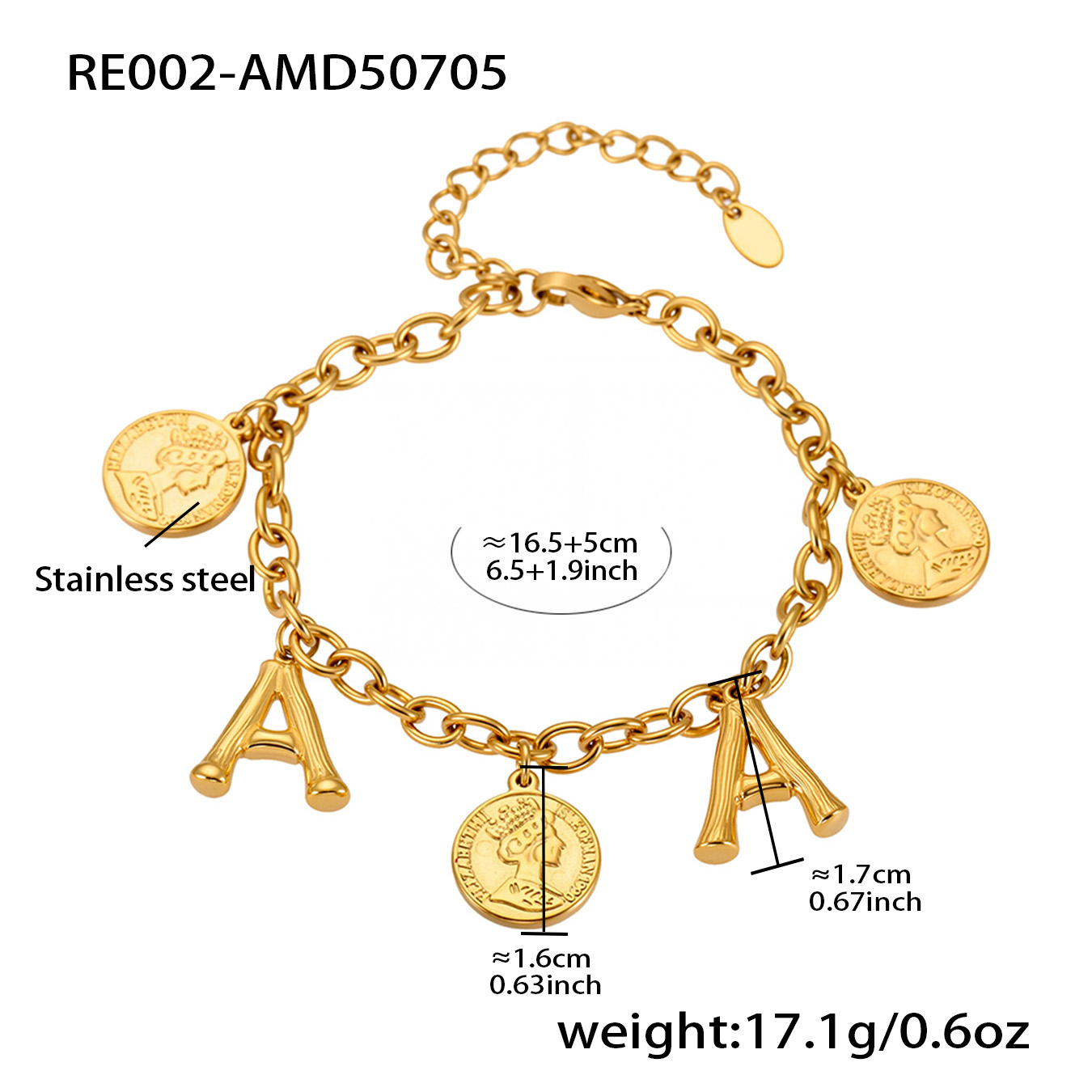 18K Gold Plated Initial & Coin Charm Bracelet | Waterproof Stainless Steel |Double-Letter Jewelry | 6.5"+1" (16.5+2.5cm)