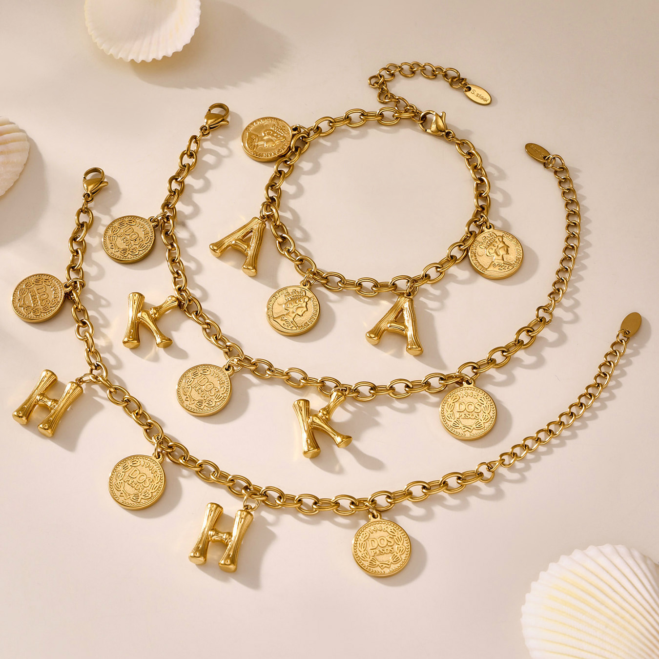 18K Gold Plated Initial & Coin Charm Bracelet | Waterproof Stainless Steel |Double-Letter Jewelry | 6.5"+1" (16.5+2.5cm)