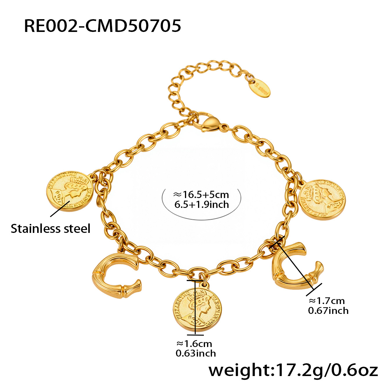 18K Gold Plated Initial & Coin Charm Bracelet | Waterproof Stainless Steel |Double-Letter Jewelry | 6.5"+1" (16.5+2.5cm)