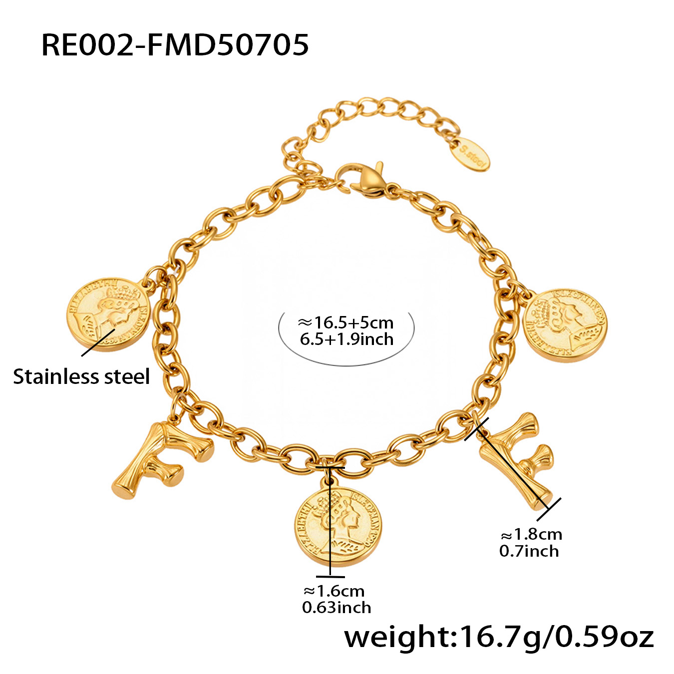 18K Gold Plated Initial & Coin Charm Bracelet | Waterproof Stainless Steel |Double-Letter Jewelry | 6.5"+1" (16.5+2.5cm)