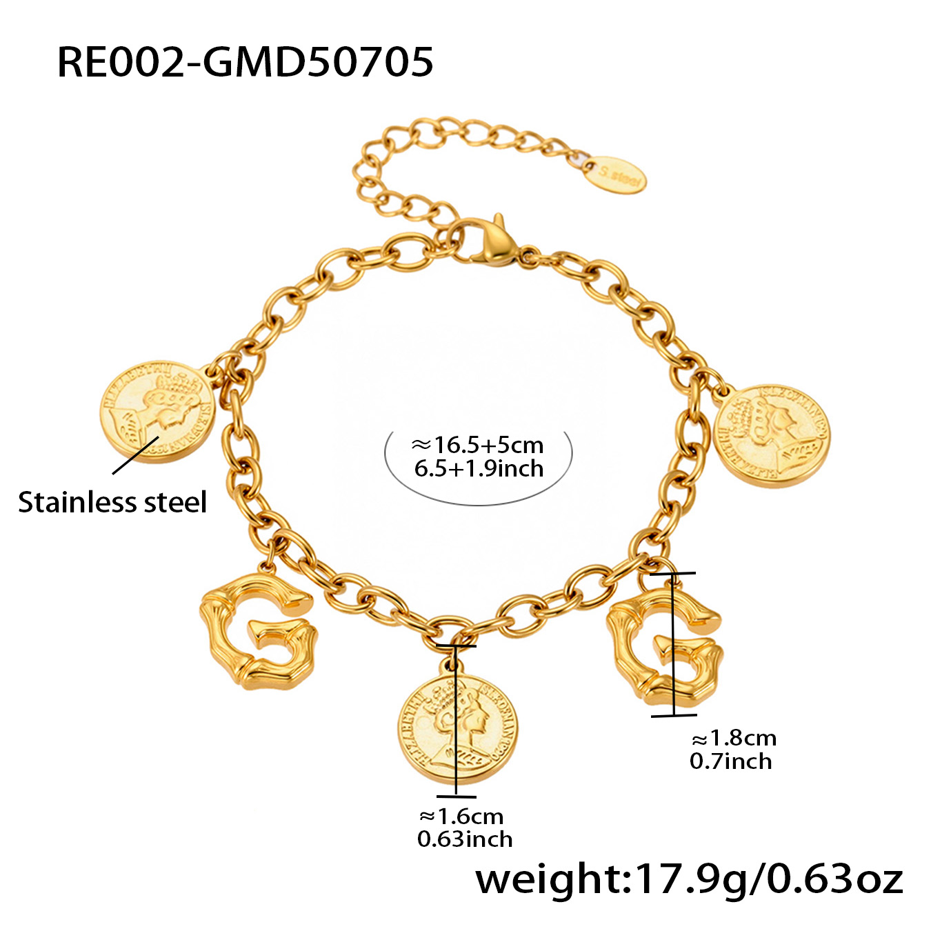 18K Gold Plated Initial & Coin Charm Bracelet | Waterproof Stainless Steel |Double-Letter Jewelry | 6.5"+1" (16.5+2.5cm)