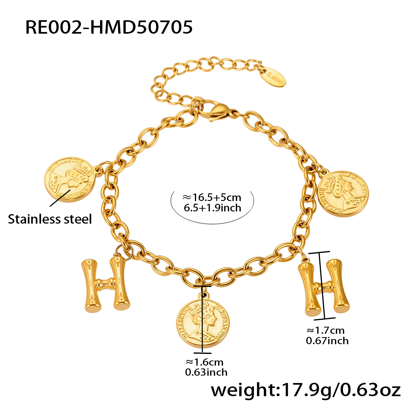 18K Gold Plated Initial & Coin Charm Bracelet | Waterproof Stainless Steel |Double-Letter Jewelry | 6.5"+1" (16.5+2.5cm)