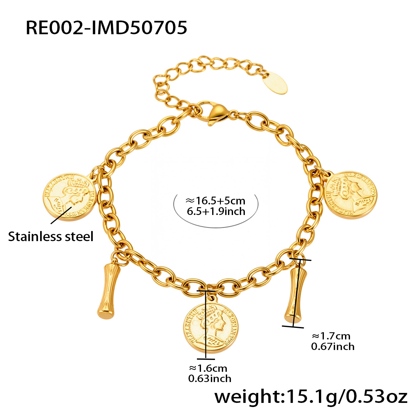 18K Gold Plated Initial & Coin Charm Bracelet | Waterproof Stainless Steel |Double-Letter Jewelry | 6.5"+1" (16.5+2.5cm)