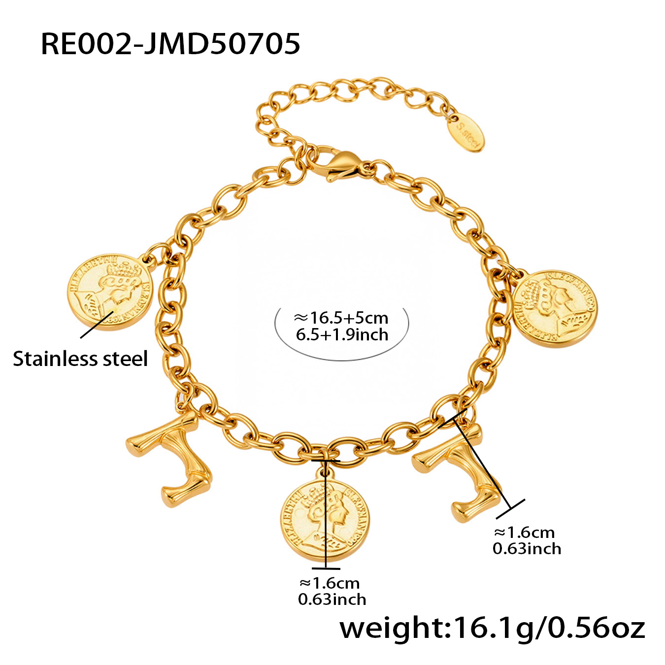 18K Gold Plated Initial & Coin Charm Bracelet | Waterproof Stainless Steel |Double-Letter Jewelry | 6.5"+1" (16.5+2.5cm)