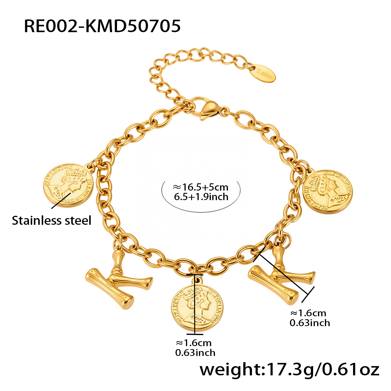 18K Gold Plated Initial & Coin Charm Bracelet | Waterproof Stainless Steel |Double-Letter Jewelry | 6.5"+1" (16.5+2.5cm)
