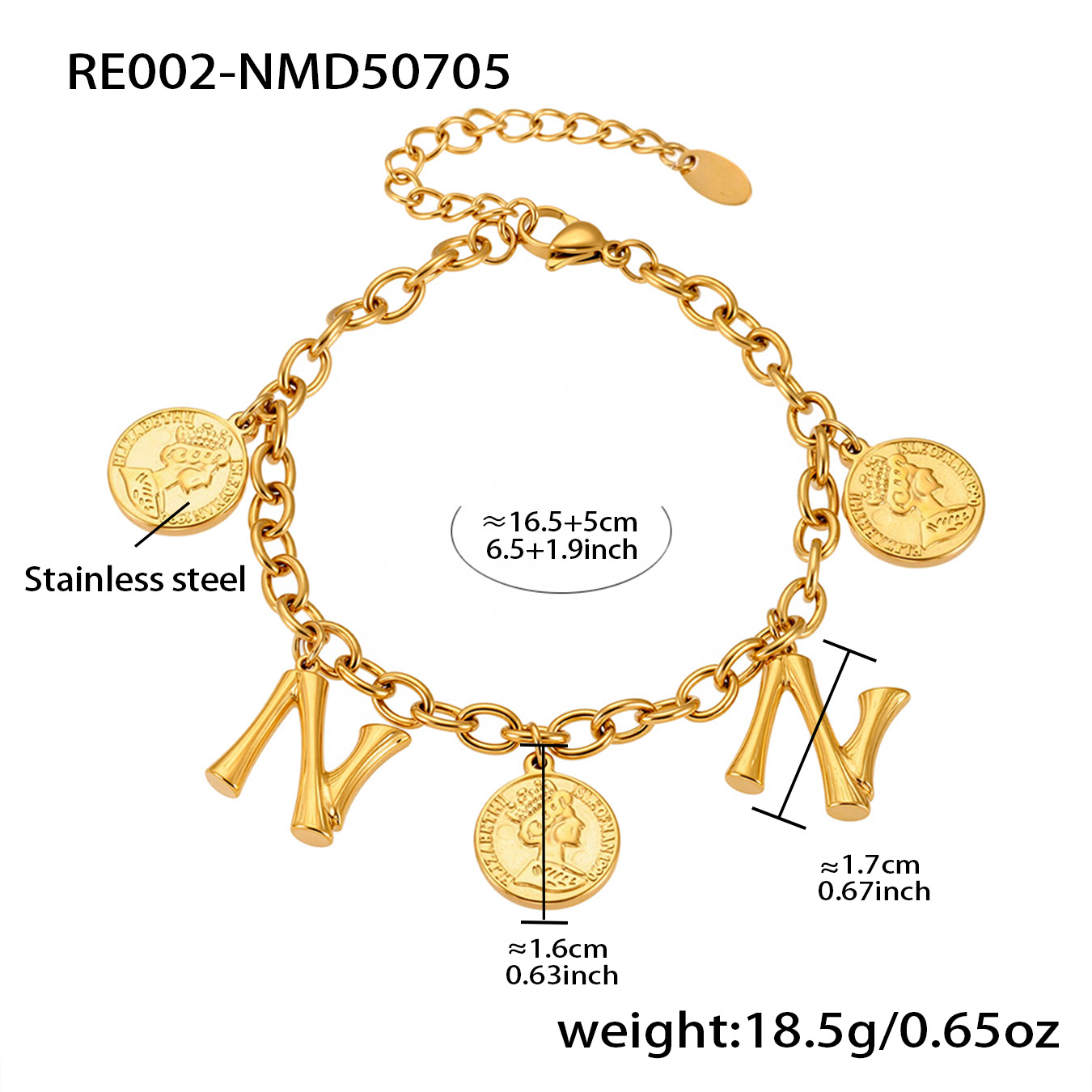18K Gold Plated Initial & Coin Charm Bracelet | Waterproof Stainless Steel |Double-Letter Jewelry | 6.5"+1" (16.5+2.5cm)