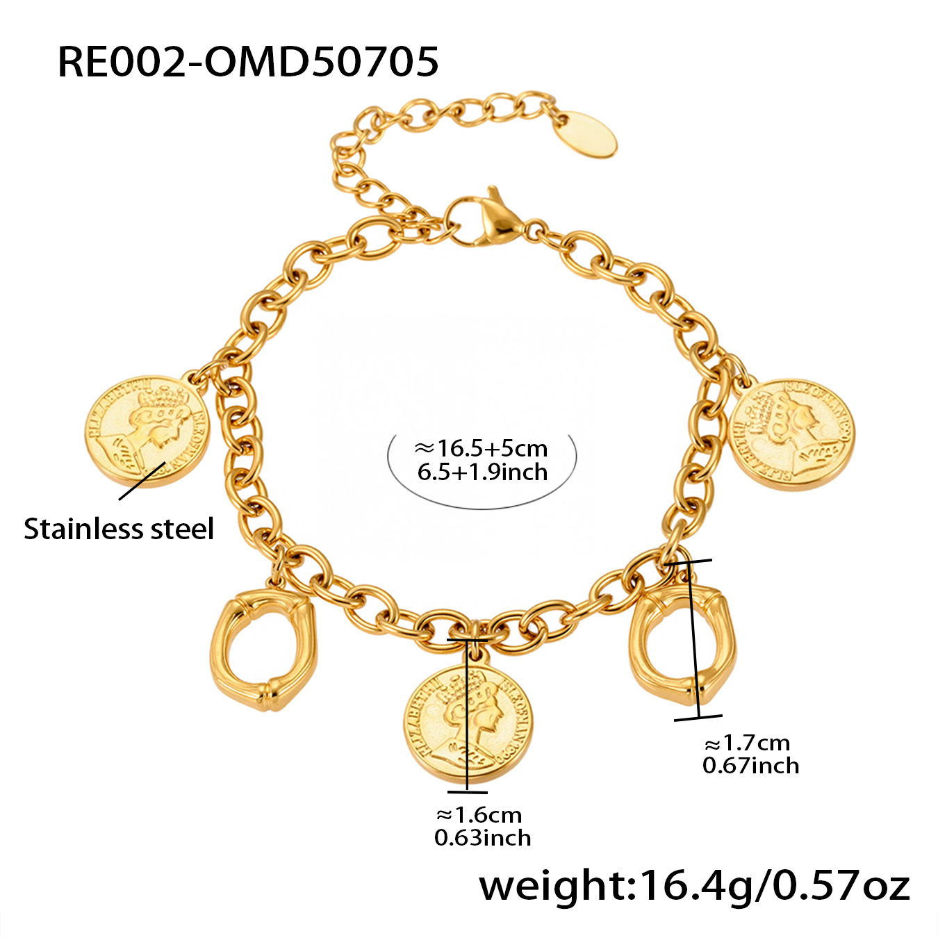 18K Gold Plated Initial & Coin Charm Bracelet | Waterproof Stainless Steel |Double-Letter Jewelry | 6.5"+1" (16.5+2.5cm)