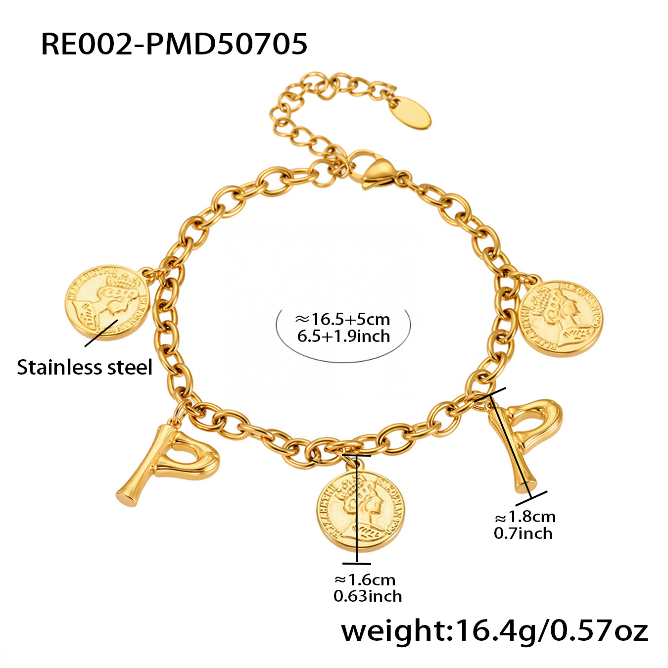 18K Gold Plated Initial & Coin Charm Bracelet | Waterproof Stainless Steel |Double-Letter Jewelry | 6.5"+1" (16.5+2.5cm)