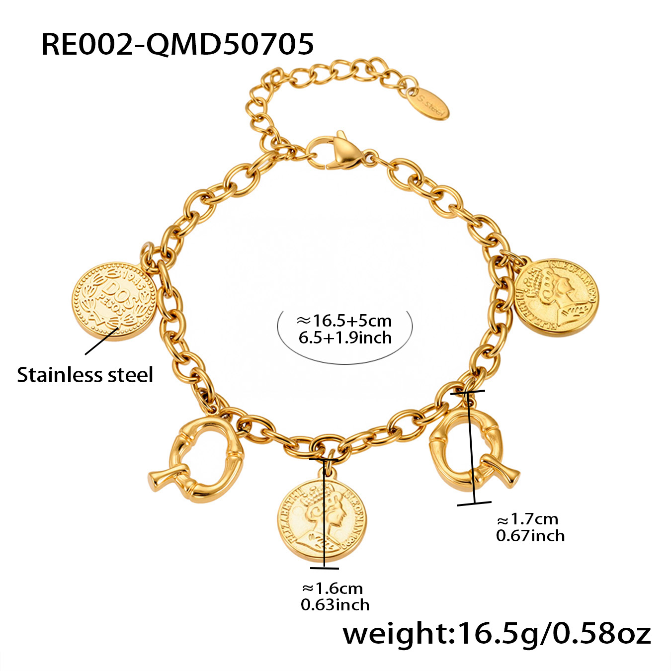 18K Gold Plated Initial & Coin Charm Bracelet | Waterproof Stainless Steel |Double-Letter Jewelry | 6.5"+1" (16.5+2.5cm)