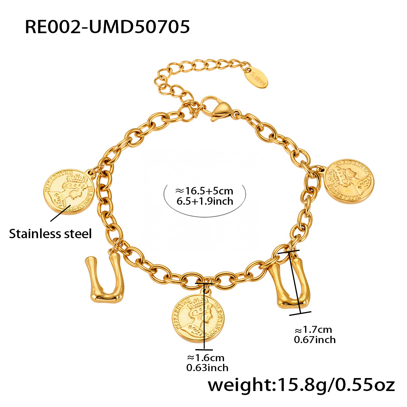 18K Gold Plated Initial & Coin Charm Bracelet | Waterproof Stainless Steel |Double-Letter Jewelry | 6.5"+1" (16.5+2.5cm)