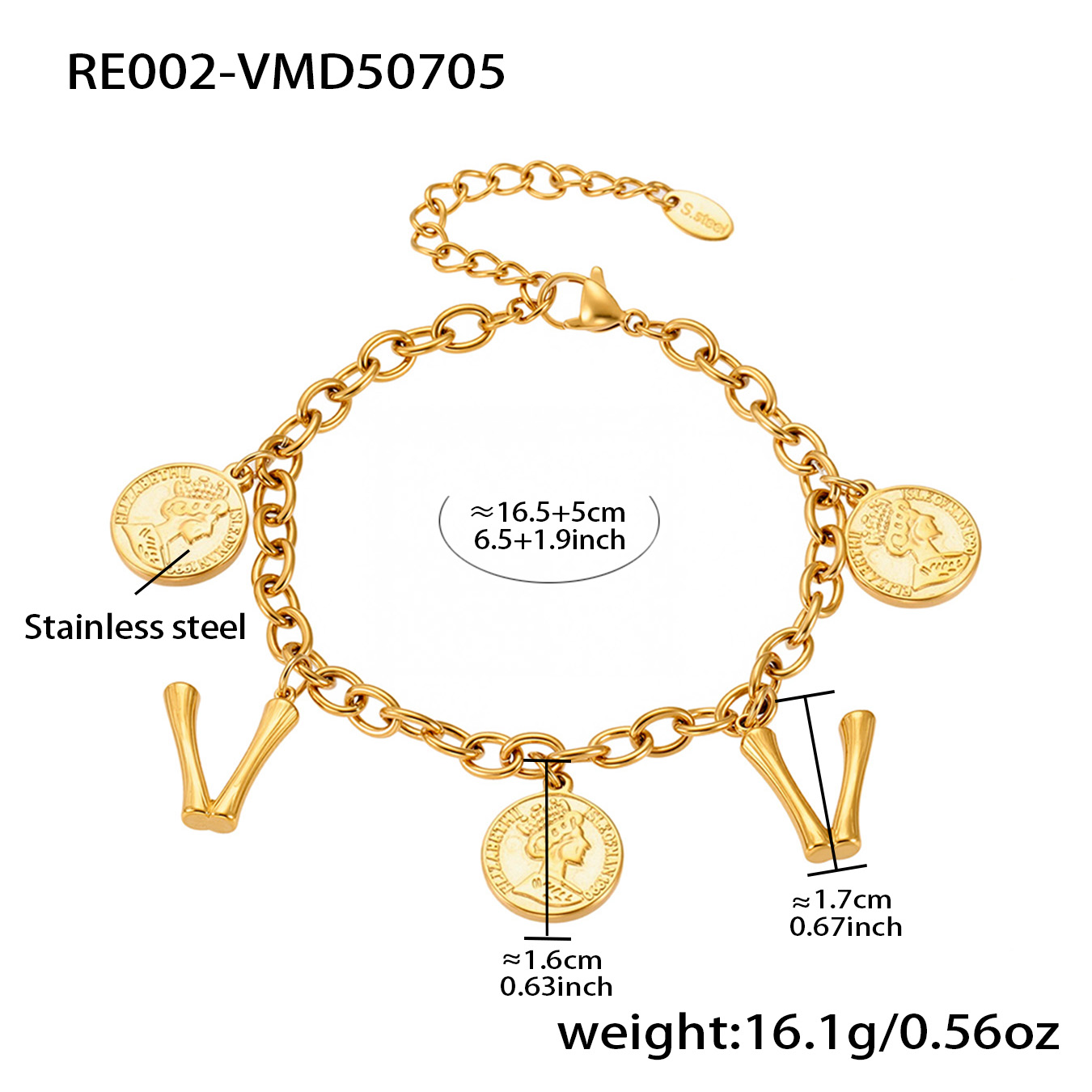 18K Gold Plated Initial & Coin Charm Bracelet | Waterproof Stainless Steel |Double-Letter Jewelry | 6.5"+1" (16.5+2.5cm)