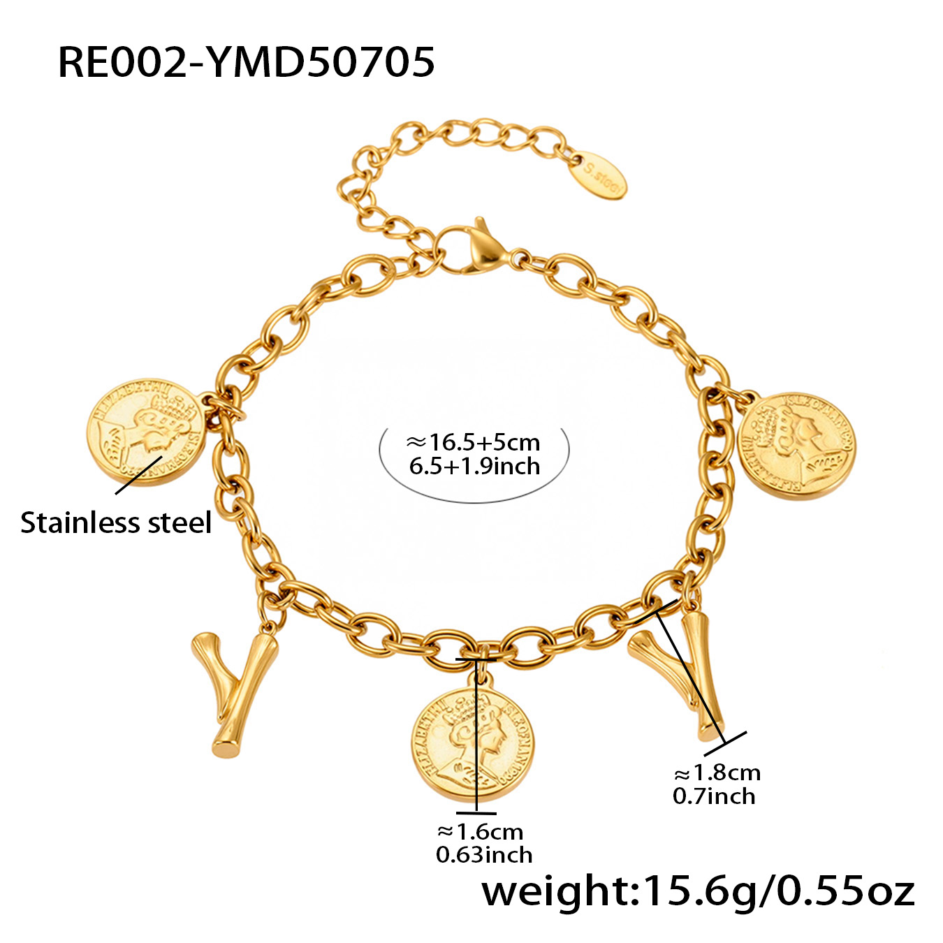 18K Gold Plated Initial & Coin Charm Bracelet | Waterproof Stainless Steel |Double-Letter Jewelry | 6.5"+1" (16.5+2.5cm)
