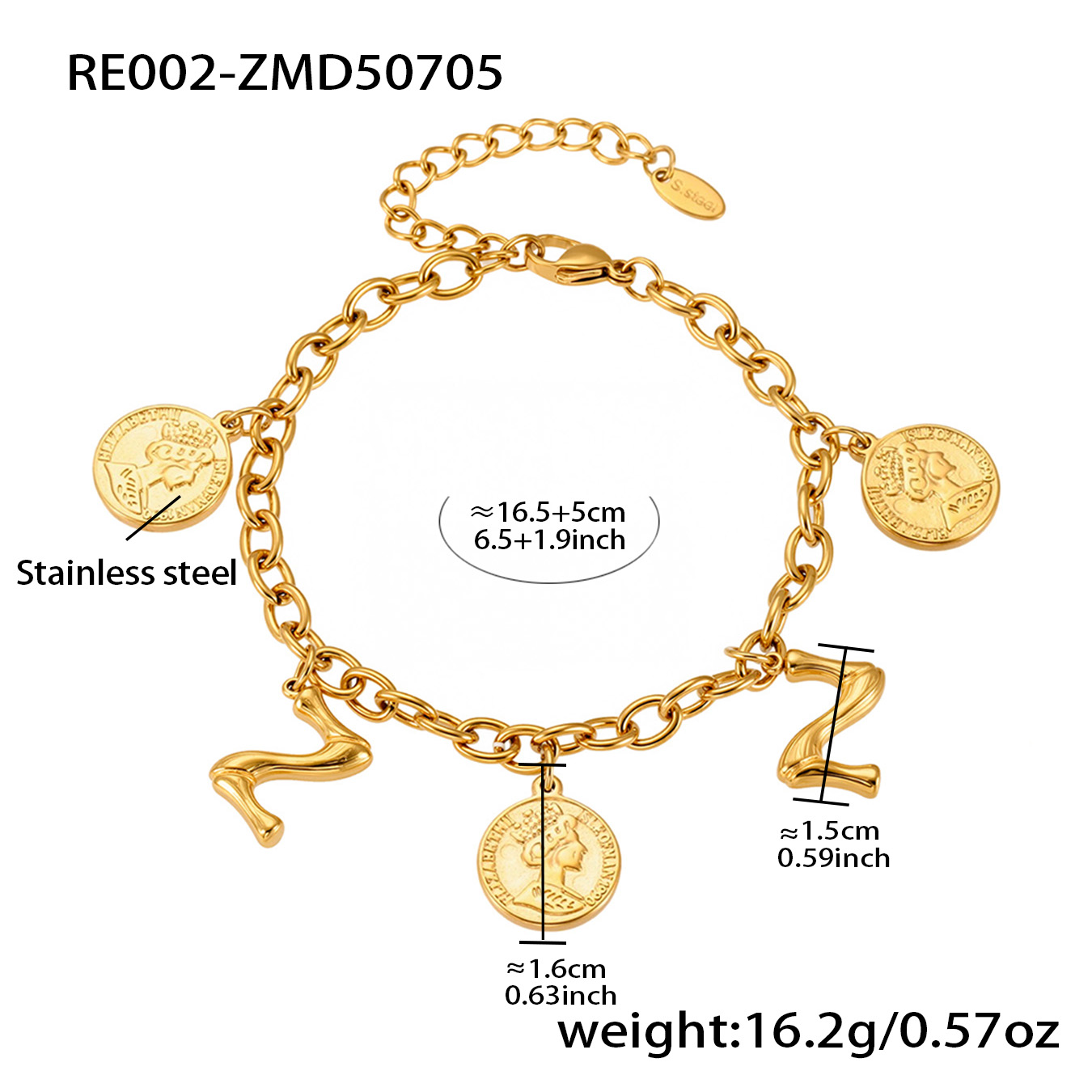 18K Gold Plated Initial & Coin Charm Bracelet | Waterproof Stainless Steel |Double-Letter Jewelry | 6.5"+1" (16.5+2.5cm)