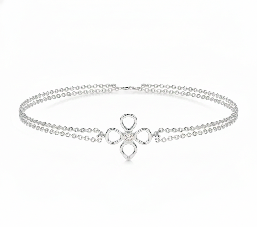 Moissanite Four-Leaf Clover Double Chain Bracelet | S925 Sterling Silver | 6.5"+1" (16.5+2.5cm)