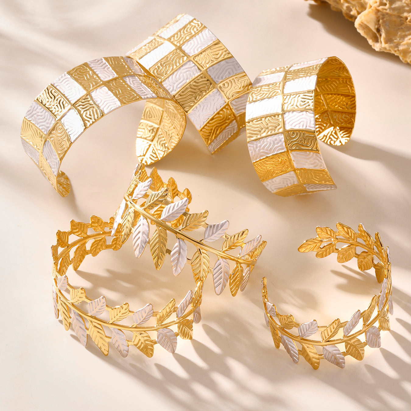 Two-Tone Olive Leaf Cuff Bracelet | Bohemian 18K Gold Plated Stainless Steel Bangle