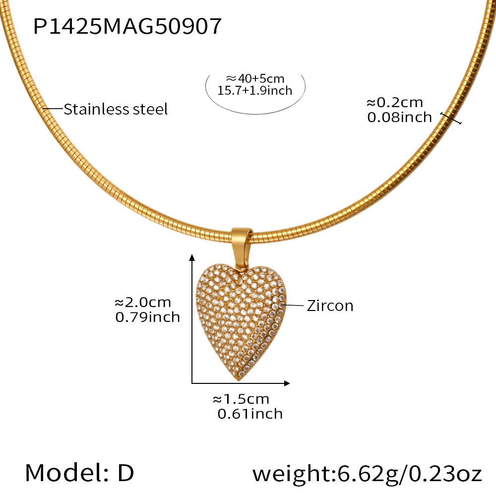 Romantic Heart Zircon Pendant Necklace | 18K Gold PVD Plated Stainless Steel | Waterproof & Tarnish-Free | 16"+2" (40+5cm)