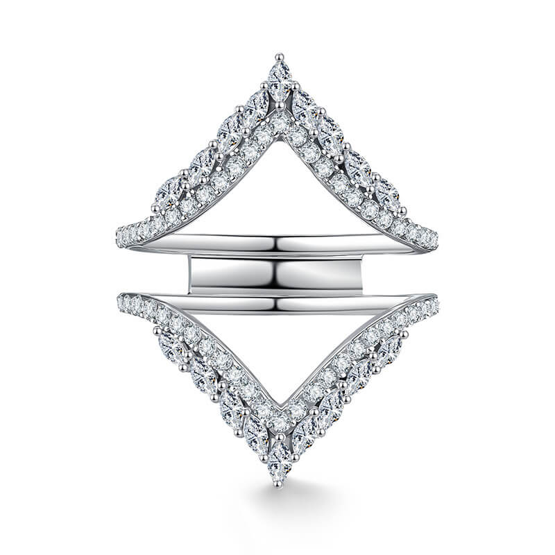 Diamond ring with a unique triangular design on a white background