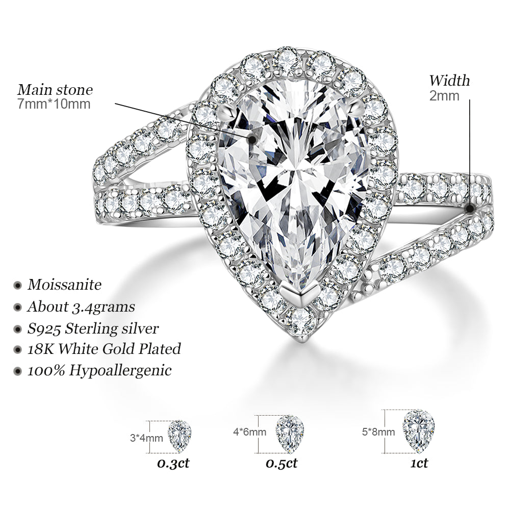 2CT Pear Cut Moissanite Engagement Ring for Women | S925 Sterling Silver 18K White Gold Plated | VVS1 D-Color Lab Diamond Halo Ring | Wholesale Jewelry