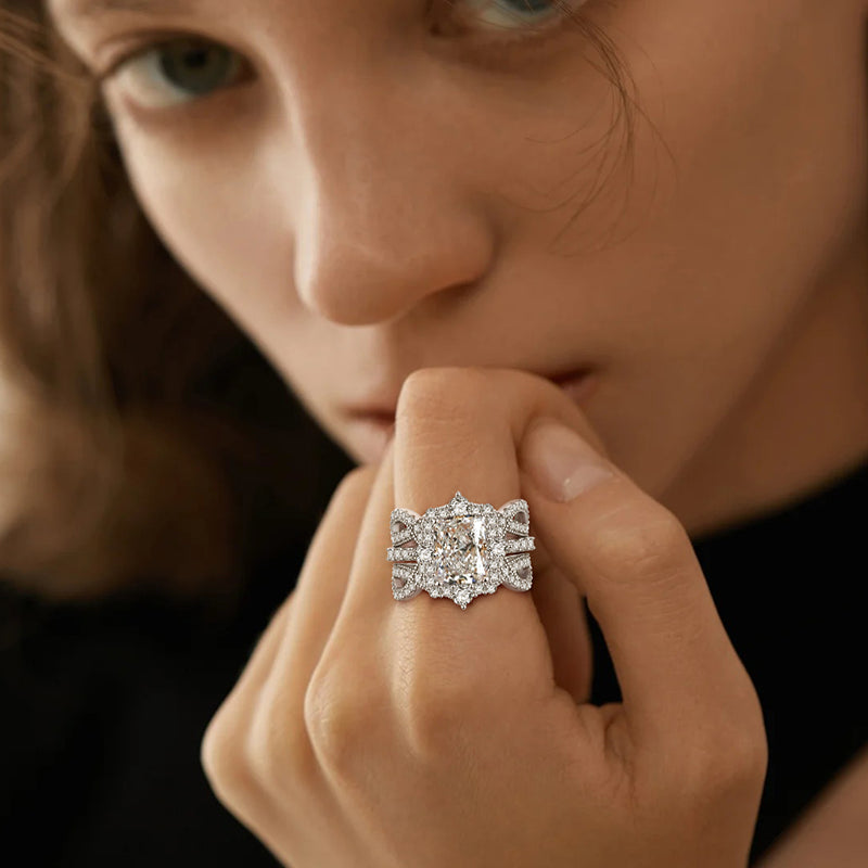 4CT Radiant Cut Moissanite Engagement Ring Set | S925 Sterling Silver 18K White Gold Plated | VVS1 D-Color Large Lab Diamond Bridal Set | Fuse Jewelry