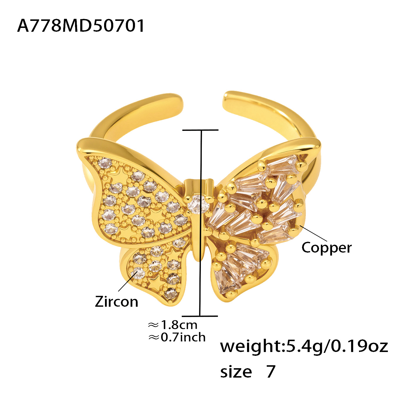 Radiant Butterfly Zircon Statement Ring - 18K Gold Plated Adjustable Band