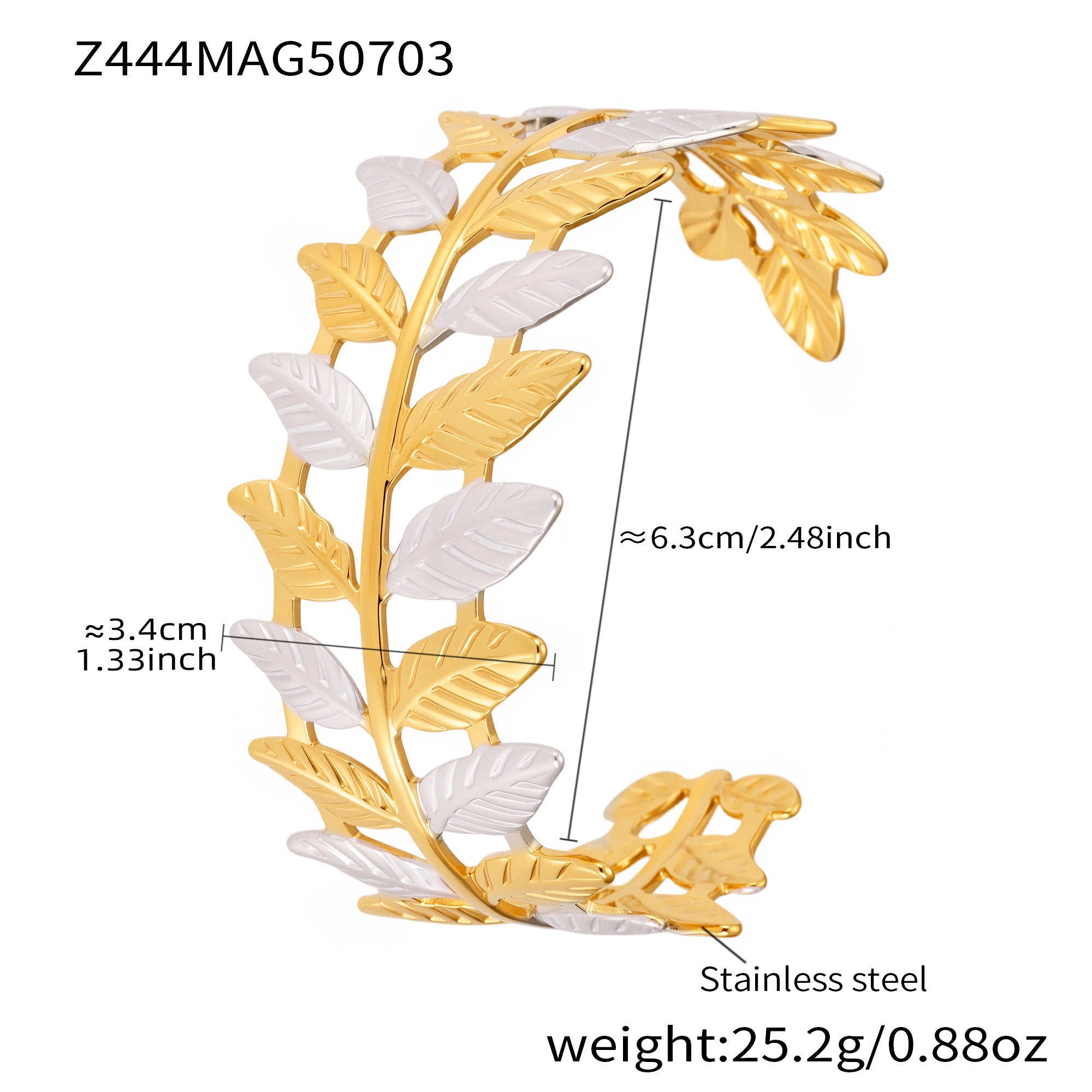 Two-Tone Olive Leaf Cuff Bracelet | Bohemian 18K Gold Plated Stainless Steel Bangle
