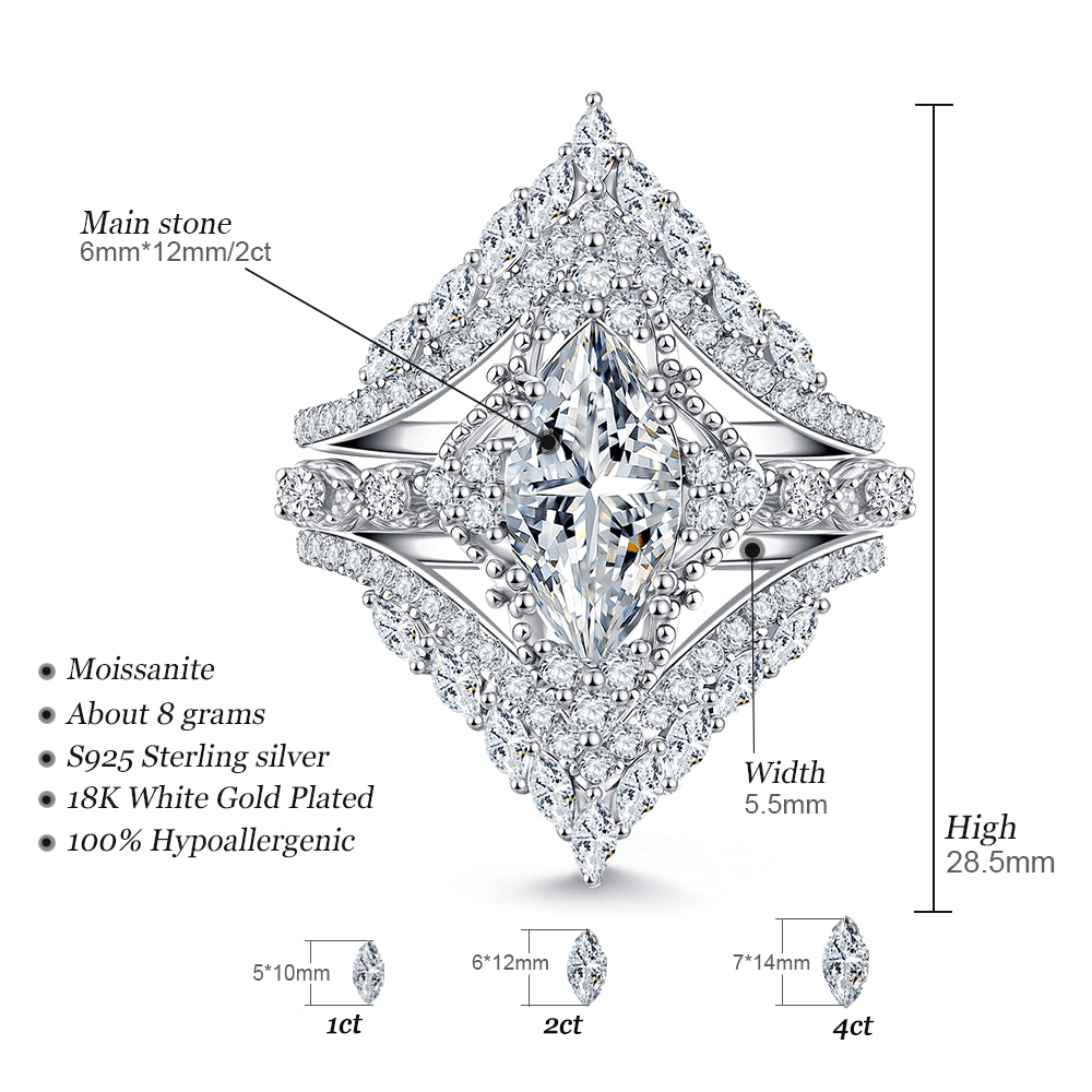 2 Carat Marquise Cut Moissanite Engagement Ring Set in S925 Sterling Silver by Fuse Jewelry.