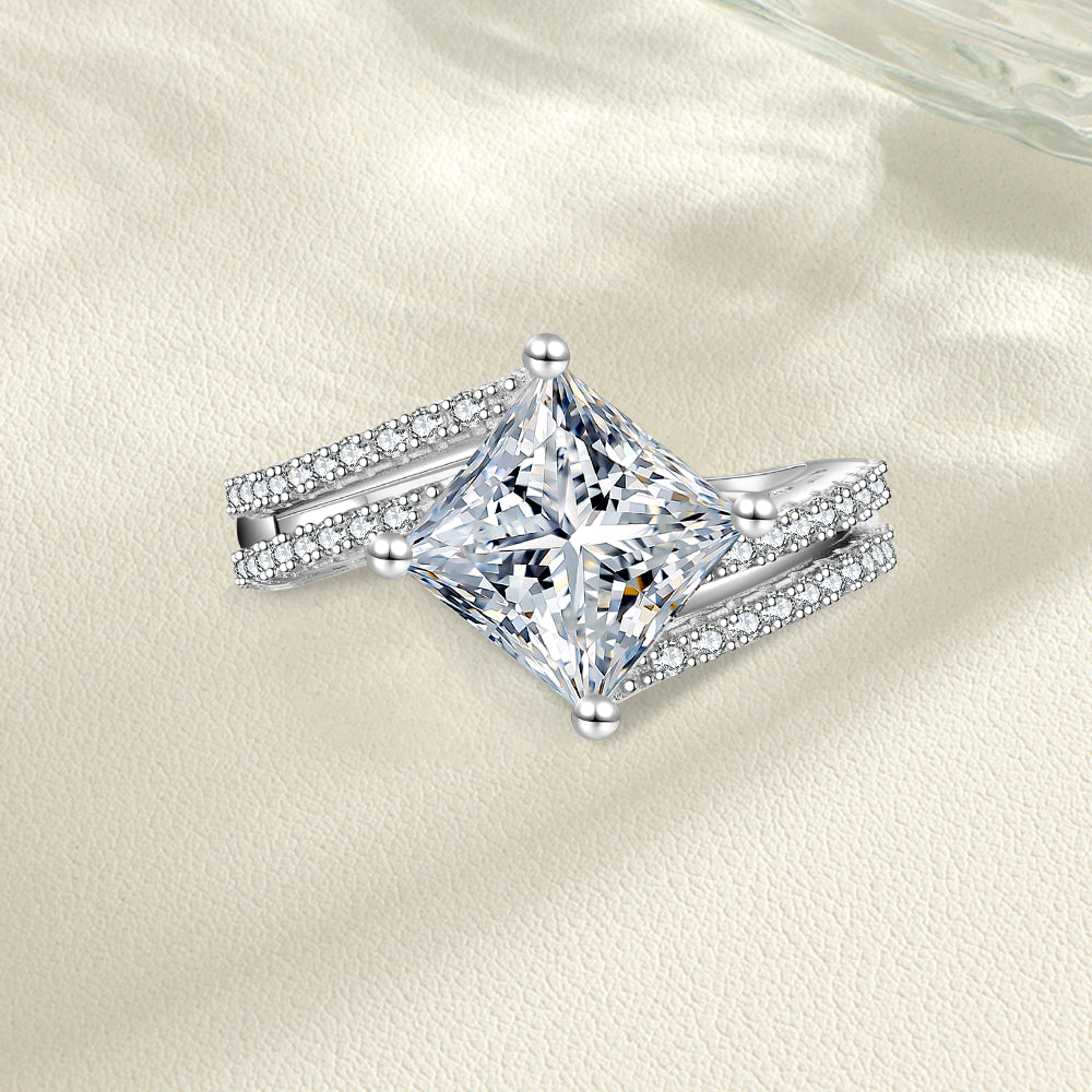 3 Carat Princess Cut Moissanite Engagement Ring | S925 Sterling Silver 18K White Gold Plated | VVS1 D-Color Square Halo Wedding Band | Wholesale Jewelry