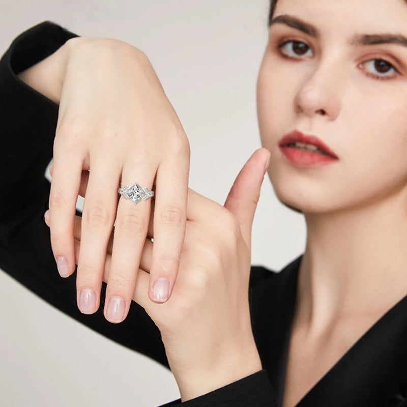 Wholesale 3CT Princess Cut Moissanite Ring | S925 Sterling Silver 18K White Gold Plated | D-Color VVS1 Square Halo Wedding Band for Women | Fuse Jewelry